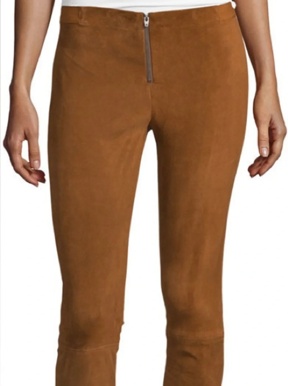 Alice + Olivia Chestnut Brown lamb skin Suede fitted pants leggings zipper front - Picture 2 of 6